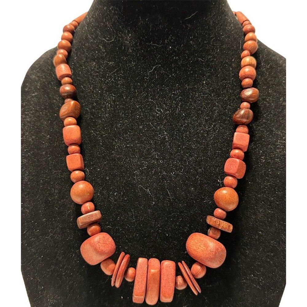 Vintage 24” Graduating Wood Bead Bohemian Boho Barrel Clasp Necklace